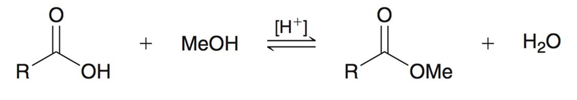 <p>From a carboxyilic acid using MeOH (methanol) and strong acid creates an equilibria to an ester and water. The reverse of this would be hydrolysis under acidic conditions and will use the ester to produce carb. acid and methanol. </p>
