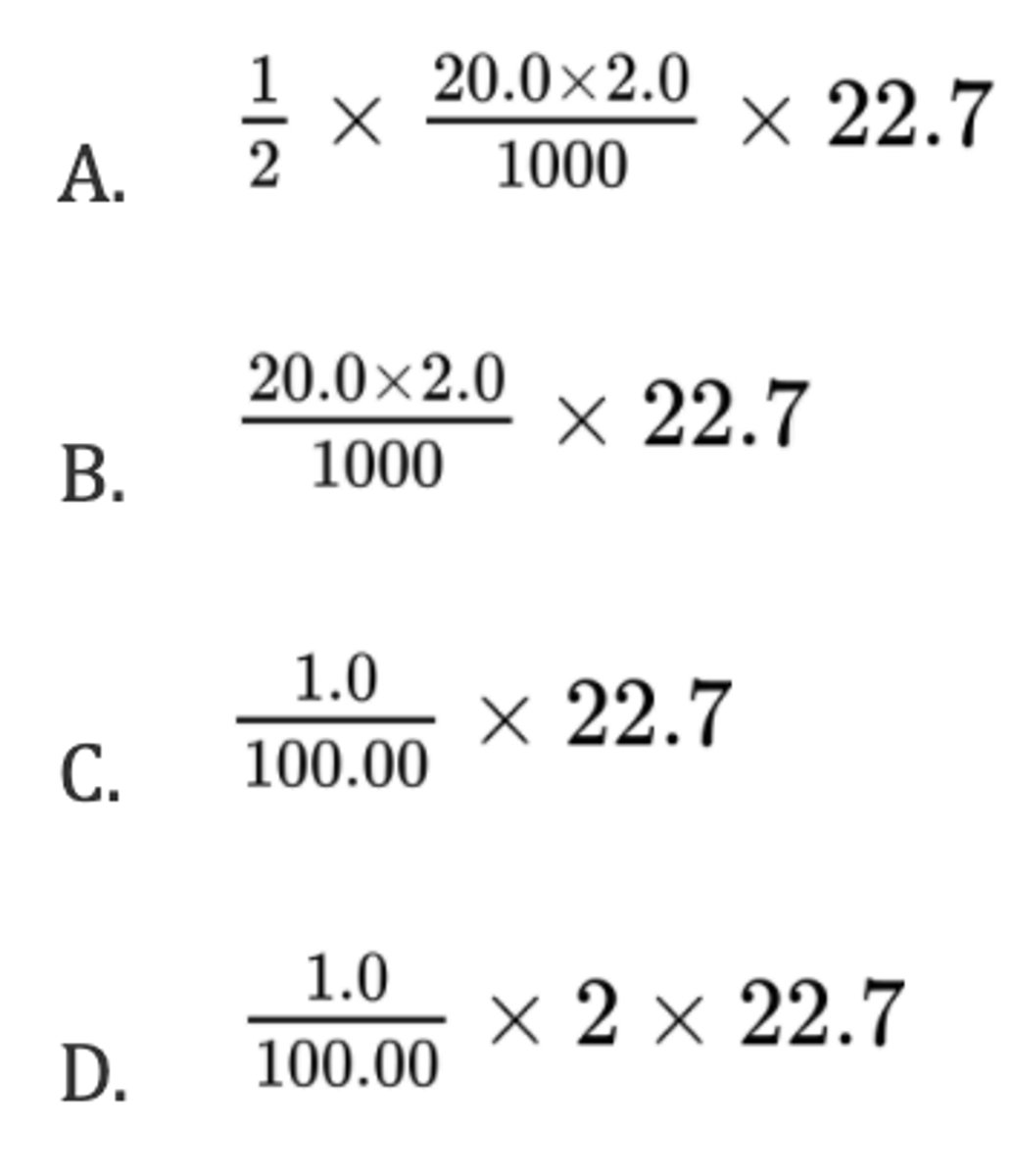 <p>What is the maximum volume, in dm³, of CO₂(g) produced when 1.00 g of CaCO₃(s) reacts with 20.0 cm³ of 2.00 mol dm⁻³ HCl(aq)?</p><p>CaCO₃(s) + 2HCl(aq) → CaCl₂(aq) + H₂O(l) + CO₂(g)</p><p>Molar volume of gas = 22.7 dm³mol⁻¹; Mr(CaCO₃) = 100.00</p>