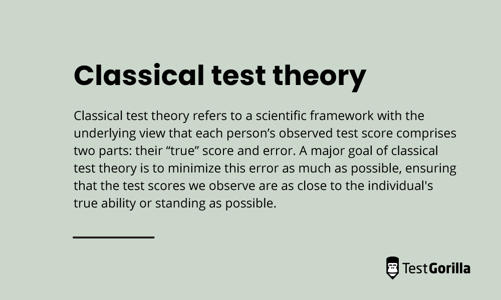 <p>an individual’s “true score” is theoretical → we cannot truly know it</p><p><u>true score</u> = average score after an infinite # of independent administrations </p><p><strong>use observed score </strong></p>