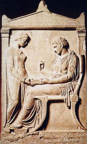 Attributed to Kallimachos
Greek
 c. 410 B.C.E. 
Marble and paint.

Shows domesticity of wealthy women in Greece

Servant girl holds jewelry box that may represent a dowry. Solem. Perception of depth in low relief.