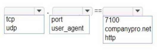 <p>An app on a user's computer is having problems downloading data</p><p>The app uses the following URL to download data: https://www.companypro.net:7100/api</p><p>Which Wireshark filter options would you use to filter the results? Complete the command by selecting the correct option from each drop-down list.</p><p>(Use hint)</p>