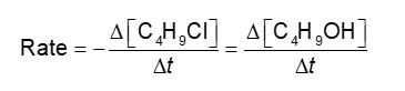 <p>Rates mA be measured using either reactant or product</p><p>Will this give the same rate for each reactant and product?</p><ul><li><p>Answer</p></li></ul><p>If we measured the disappearance of C<sub>4</sub>H<sub>9</sub>Cl and compared it to the appearance of C<sub>4</sub>H<sub>9</sub>OH, the magnitudes would be the same</p><p>The numbers would have opposite signs — one goes down (reactant), the other (product) goes up</p>