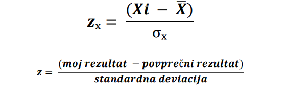 <p>Je standardiziran rezultat, ki nam pove, koliko SD nad ali pod povprečjem se nahaja rezultat posameznika (npr. z = 1,2 → 1,2 standardni deviaciji nad povprečjem).Dobimo jo tako, da <mark data-color="#e1c4c4" style="background-color: #e1c4c4; color: inherit">posameznikov odklon </mark>od <mark data-color="#e5cece" style="background-color: #e5cece; color: inherit">povprečne vrednosti</mark> delimo s<mark data-color="#ddc4c4" style="background-color: #ddc4c4; color: inherit"> </mark><span style="color: rgb(5, 0, 0)"><mark data-color="#ddc4c4" style="background-color: #ddc4c4; color: inherit">standardno deviacijo</mark></span></p>