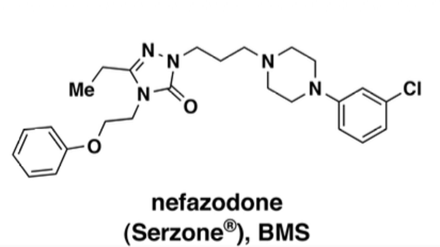 <p>more potent than trazodone, but less sedating</p>