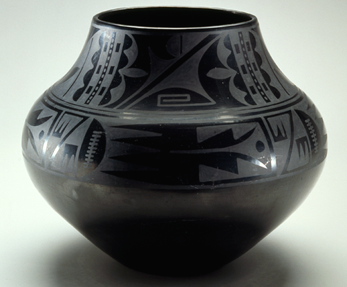 <p>Black-on-black ceramic vessel</p>