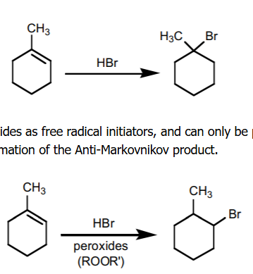 <p>alkene + H-X leads to a markonikov product, alkene + HBr/ROOR leads to an anti-mark product</p>