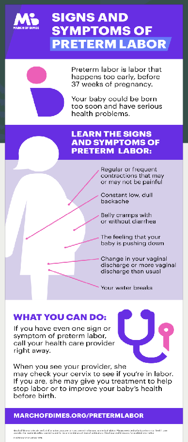 <p><strong>signs and symptoms</strong></p><ul><li><p>low uterine back pain</p><ul><li><p>low back present at any GA but can be written off in early GA</p></li></ul></li><li><p>regular contractions</p></li><li><p>pelvic pressure</p></li><li><p>change in vaginal discharge </p></li><li><p>(SROM)</p></li><li><p><strong>Regular contractions</strong></p></li><li><p><strong>Painful or rhythmic low back pain</strong></p></li><li><p><strong>Fluid or bleeding + pelvic pressure</strong></p></li></ul><p><strong>Diagnosis</strong></p><ul><li><p>symptoms, vervical change, fetal fibronectin</p></li></ul><p></p><p><strong>management</strong></p><ul><li><p>treat cause (ex cervical insufficiency —&gt; Vaginal progesterone</p></li><li><p>inpatient observatoin at a hospital equipped to manage that GA</p></li><li><p>limit activity and work, (less working on feet)</p></li><li><p>pelvic rest</p></li><li><p>if body wants to deliver baby nothing can really be done</p></li></ul><p></p>