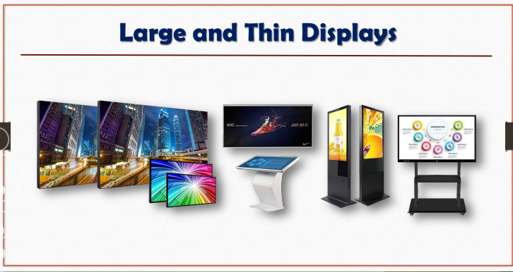 <p>New display technologies will finally mature enabling very <u>large displays</u> and also displays that are thin, lightweight, and have low power consumption. This will have large effects on portability and will enable the development of paper-like, pen-based computer interaction systems very different in feel from desktop workstations of the present.</p>