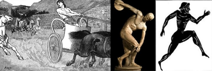 <p>Based at the Greek city of Olympia, where there was a temple dedicated to Zeus. First began in 776 BCE. Athletes would compete to honor Zeus every four years, to perform in footraces, throw javelins, and wrestle one another for a crown of victory. A modern version exists today.</p>