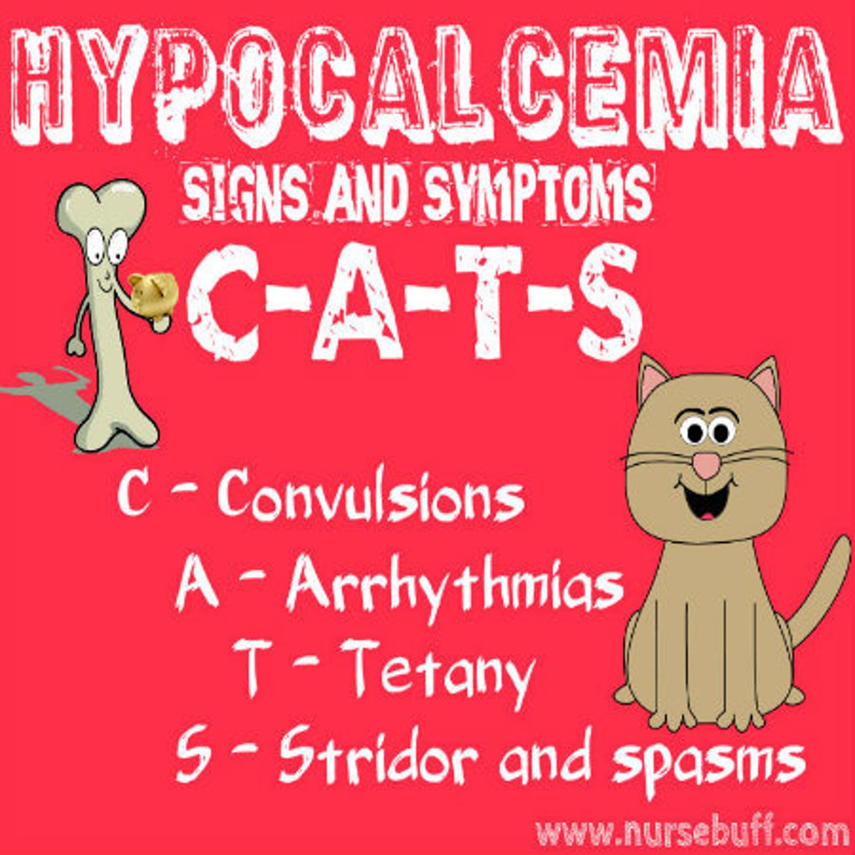 <p>C convulsions</p><p>A arrhythmias,</p><p>T tetany (Chvostek's and Trousseau's signs, stridor laryngospasm, convulsions, increased DTRs</p><p>S stridor spasms, perioral tingling</p>