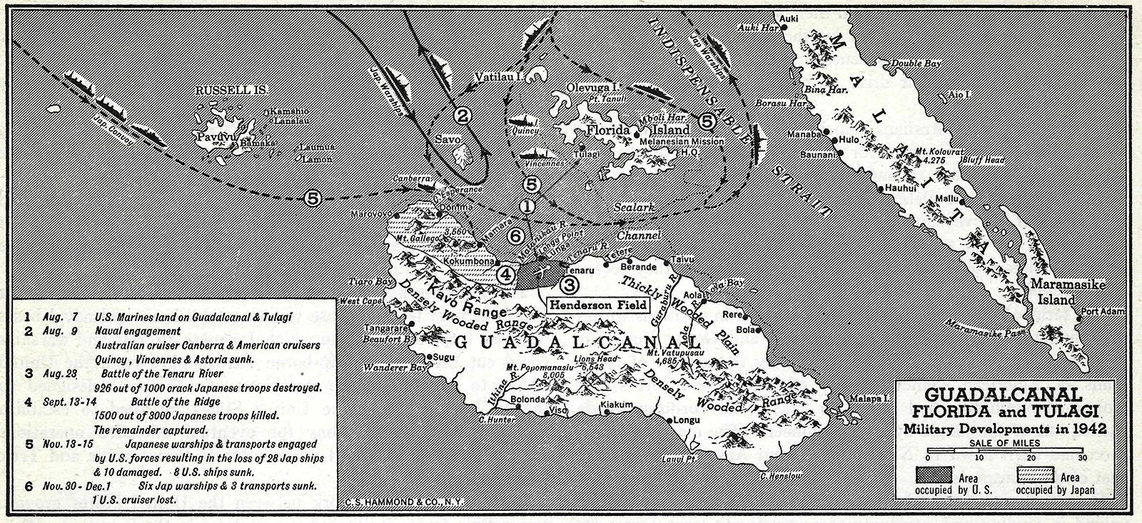 <p>First major U.S. offensive in the Pacific (1942–43). A long, brutal campaign that stopped Japanese expansion and shifted momentum to the Allies.</p>