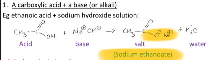 <p>When an acid reacts the H+ gets replaced by a metal ion giving a salt. Salts have ionic bonding and Na+ is attracted to the O- by electrostatic attraction</p>