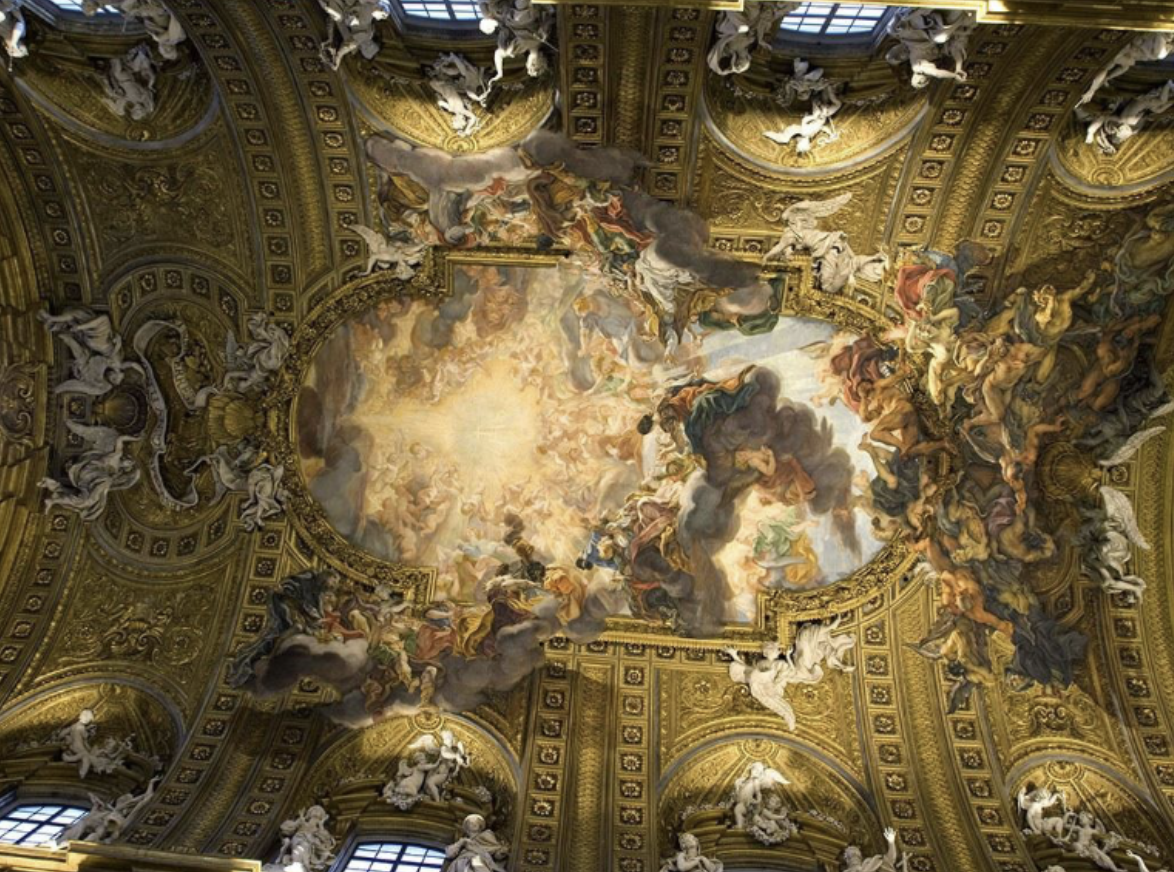 <p>Giovanni Battista Gaulli, Triumph of the Name of Jesus &amp; Fall of the Damned, Il Gesù, Rome, 1672–85. Fresco with stucco figures</p>