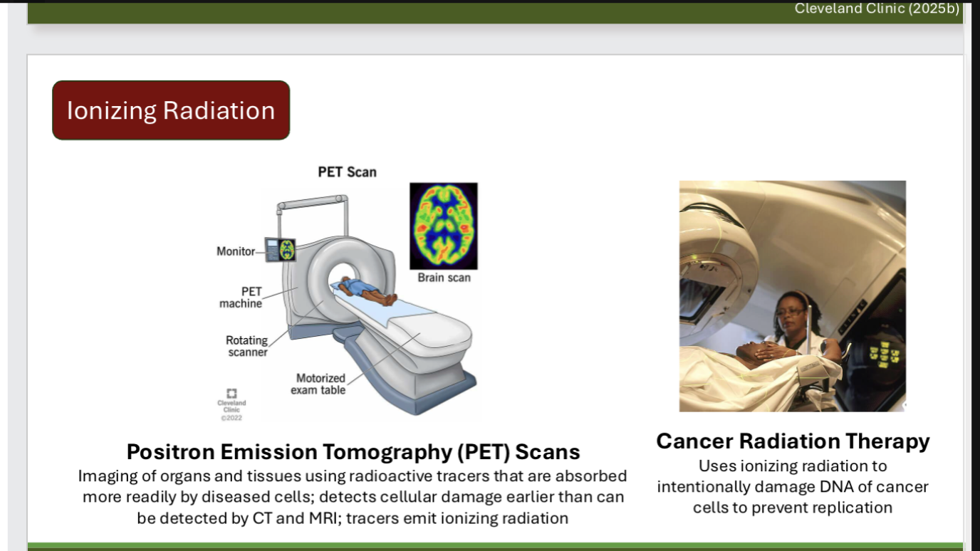 <ul><li><p>Non-ionizing Radiation:</p><ul><li><p>radiation w/ sufficient energy to cause atoms to vibrate, but not enough to remove electrons. Lower energy; most do not have enough energy to directly damage cells. Health impacts can occur though, especially w/ large acute doses or for ppl w/ susceptibilities, such as pacemakers</p><ul><li><p>Ex: cell and radio towers, heat, TVs and remotes, Wi-Fi and cell phones, UV rays Ultrasound: reflects acoustic radiation (sound waves)</p></li><li><p>Magnetic Resonance Imaging (MRI): uses magnetic fields and radio waves to create images inside the body&nbsp;</p></li></ul></li></ul></li><li><p>Ionizing Radiation:</p><ul><li><p>radiation w/ sufficient energy to remove electrons from atoms and molecules, hence creating an ion</p><ul><li><p>Ex: Electromagnetic Radiation: X-rays penetrate soft tissue but not bones. Gamma rays penetrate all body parts.&nbsp;X-rays: 2D medical imaging to identify fractures, tumors, and objects</p></li><li><p>Computed Tomography (CT) scan: Essentially a 3D X-ray; sometimes called CAT scan</p></li><li><p>Positron Emission Tomography (PET) scans: imaging of organs and tissues using tracers that are absorbed more readily by diseased cells; detects cellular damage earlier than CT/ MRI</p></li><li><p>Cancer Radiation Therapy: intentionally damages DNA of cancer cells to prevent replication</p></li></ul></li></ul></li></ul><p></p>