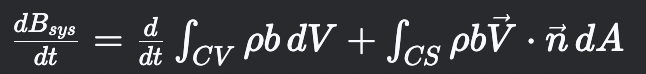 <p>Connects system and control volume perspectives where the right side represents <strong>1.</strong> the time rate of change of B inside the control volume and <strong>2. </strong>the net flux of B across the control surface due to flow</p>