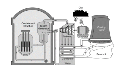 Based on the diagram, which processes would provide the energy used to generate electricity at the power plant?