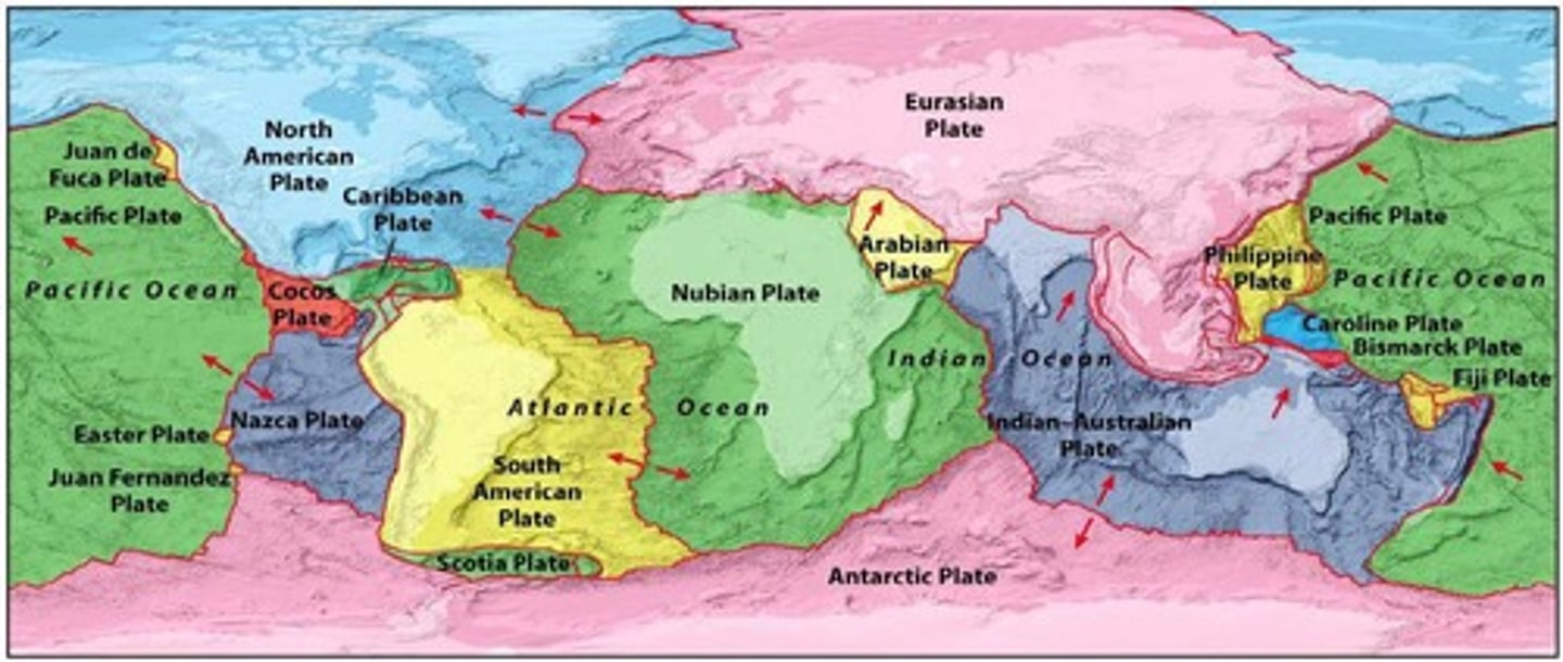<p>theory that Earth's outer shell is divided into lithospheric plates that move and interact.</p>