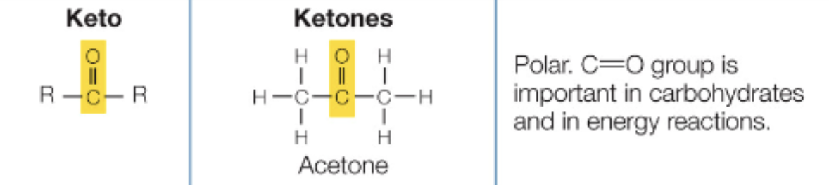 <p>C double bonded to O only, polar, partial charges</p>