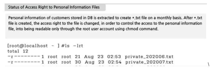 <p><span style="background-color: transparent;"><span>Choose a Linux command to apply the [Improvement Plan] to the [Status of Access Right to Personal Information Files] below.</span></span></p><ul><li><p><span style="background-color: transparent;"><span>cat</span></span></p></li><li><p><span style="background-color: transparent;"><span>chown</span></span></p></li><li><p><span style="background-color: transparent;"><span>touch</span></span></p></li><li><p><span style="background-color: transparent;"><span>umask</span></span></p></li></ul><p></p>