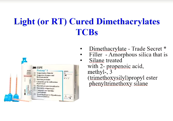 <p>Delivery gun not powder and liquid, cartridge and mixing tip - <strong>One paste</strong></p><p>Dimethacrylate</p><p>filler - amorphous silica that is <strong>silane treated</strong> with</p><p>(similar to composite formulation)</p>