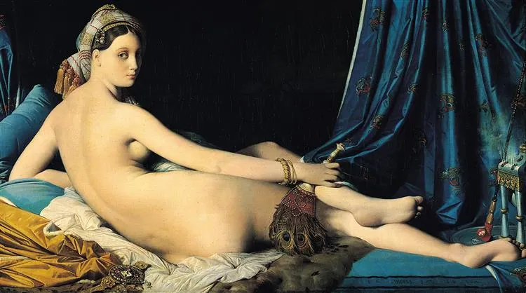 <ul><li><p><strong>ID:</strong> Jean-Auguste-Dominique Ingres, 1814 CE, Oil on canvas, France</p></li><li><p><strong>Content:</strong> A reclining nude woman with elongated limbs and an exotic setting.</p></li><li><p><strong>Function:</strong> Emphasizes sensuality and fantasy, appealing to European fascination with the Orient.</p></li><li><p><strong>Context:</strong> Reflects Romanticism’s interest in the exotic, despite Ingres’ Neoclassical training.</p></li><li><p><strong>Form:</strong> Elongated proportions, cool color palette, smooth textures.</p></li></ul><p></p>