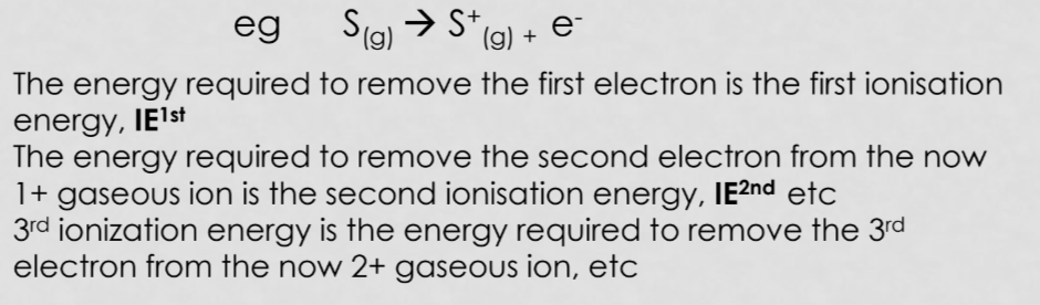 <p>The energy required to remove one mole of electrons from one mole of gaseous atoms.</p><ul><li><p><strong>In general</strong> Ionisation energy increases across a period but there are exceptions</p></li><li><p><strong>IE decreases down a group:</strong> Additional n level, increases distance of electron from nucleus → increased shielding → Less attraction</p></li></ul>