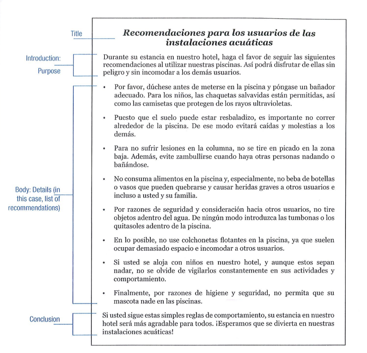 <p>Title:</p><p>Introduction and Purpose: Start with sentence introducing the topic and recommendations with reasons. </p><p>Body/List: Details of the recommendation and information. Can be presented in point form but needs to include verbal forms.</p><p>Conclusion: End the list by writing a summarising statement. If applicable, you can finish with a call to action to readers.</p><p>useful vocab: evitar, comportamiento, aunque, deber, hay que, tener que</p><p></p>