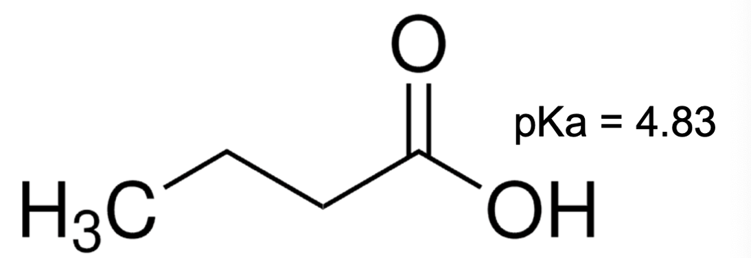 <p>The carboxylic acid group of butyric acid (pictured below) at pH = 7.4 would mostly be...</p>