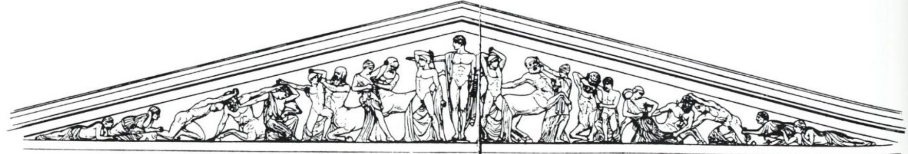 <p>What is the narrative depicted on the west pediment?</p>