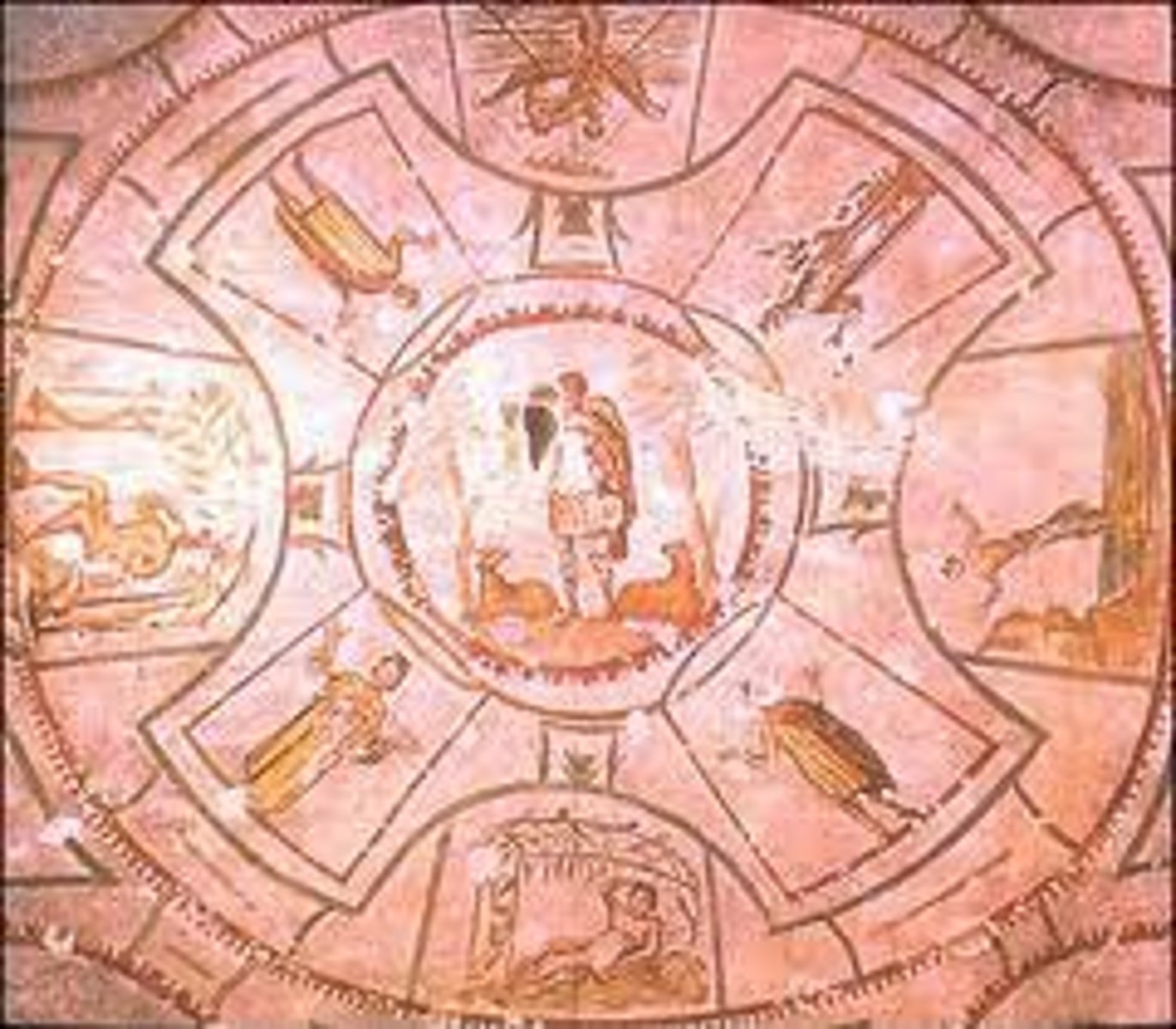 <p>- shows Christ in a pastoral setting as a shepherd</p><p>- imagery of doves (peace)</p><p>- orant figures</p><p>- cruciform arrangement of images</p><p>- stories depicted in lunettes = events from Old Testament</p>