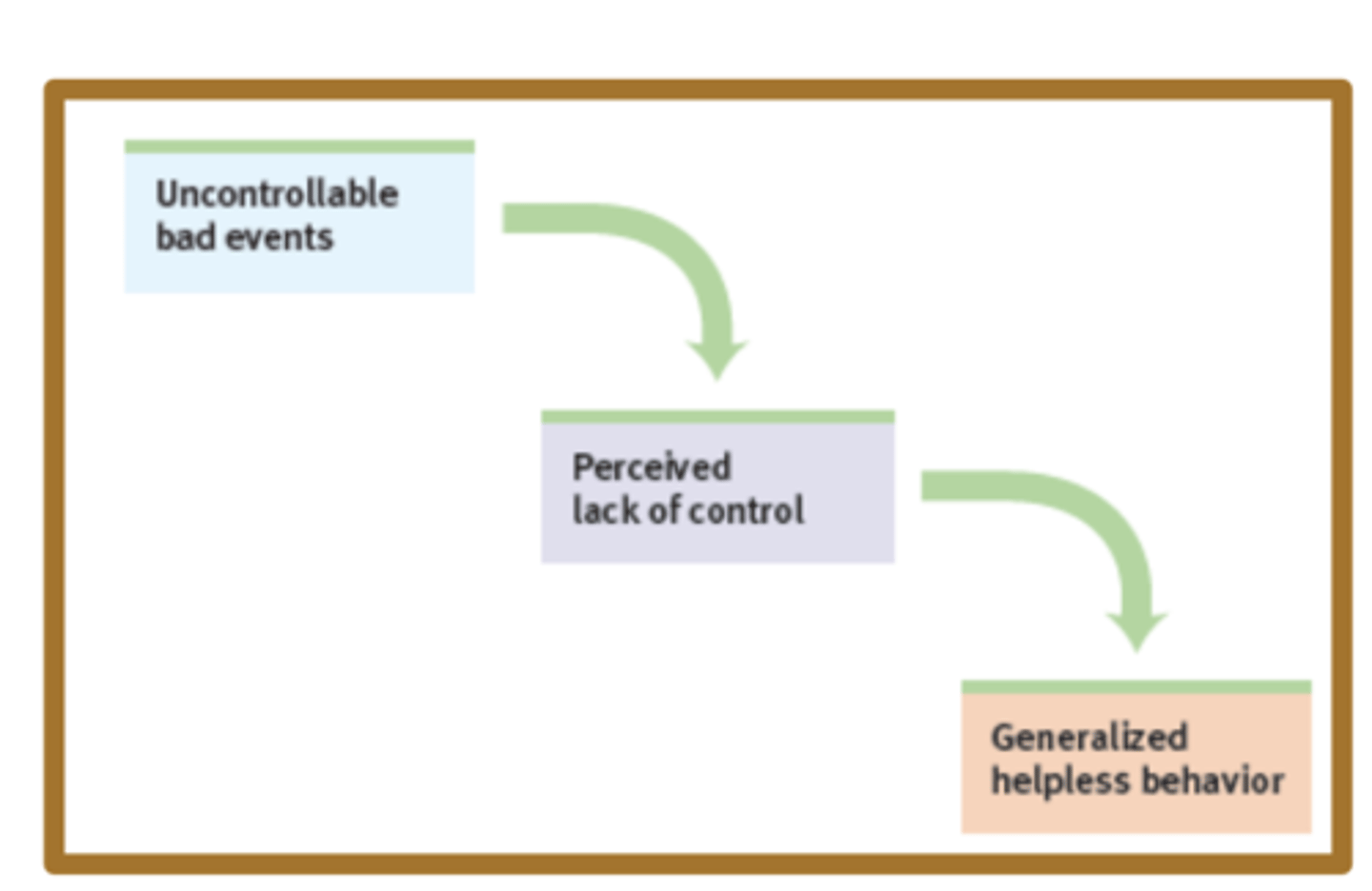 <p>the hopelessness and passive resignation an animal or person acquires when unable to avoid repeated aversive events</p><p>- no longer escaping even if possible</p>