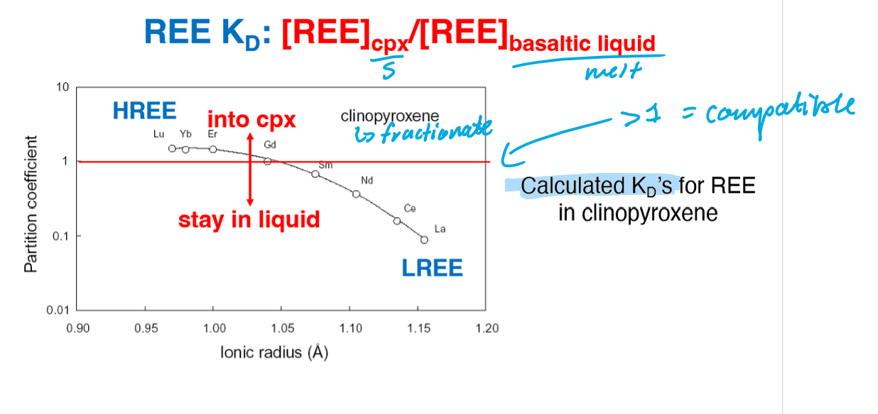 <p>HREEs are compatible and are incorporated into the crystal lattice</p><p>LREEs are incompatible and stay in the melt</p>