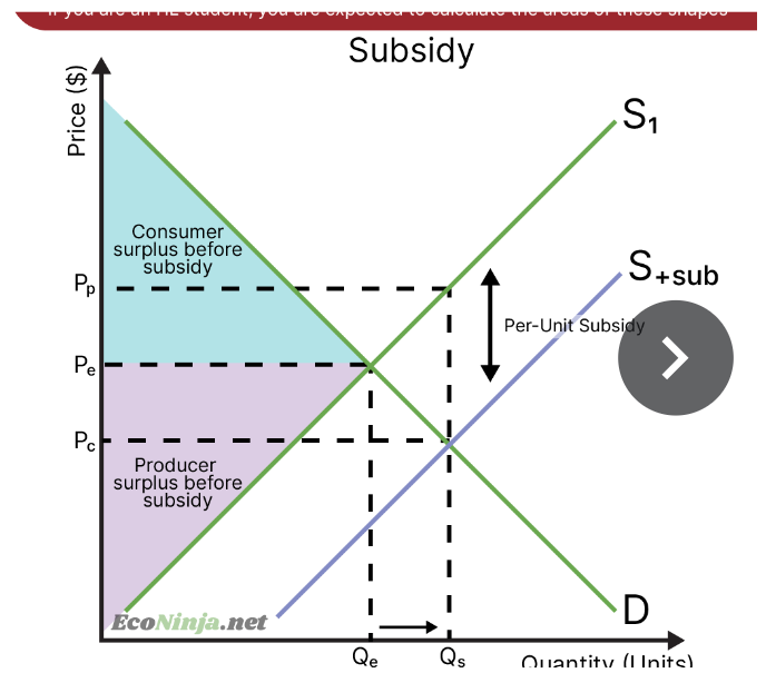 <p>draw a diagram showing consumer and producer surplus after a subsidy is imposed</p>