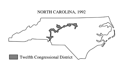<p><span><span>The shape of North Carolina’s Twelfth Congressional District, shown above, is most likely the result of</span></span></p>