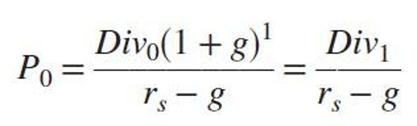 <p>P0 = D1 / (r - g), where D1 is the expected dividend next year, r is the required rate of return, and g is the growth rate.</p>
