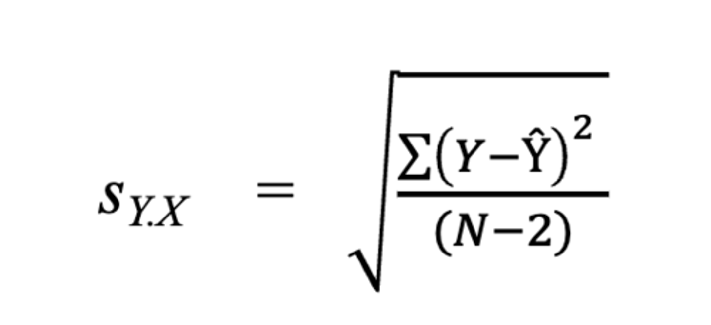 <p>based on a dataset of (X, Y) pairs, <strong>(Y – Ŷ )</strong> is an <strong>estimation error/residual,</strong> where <strong>Y is an observed value</strong> for <strong>some X</strong>, and <strong>Ŷ is the estimated value given </strong>by the <strong>regression line for that X The SD</strong> of the <strong>residuals</strong> is written as <strong>sY.X</strong> ,and the <strong>summation is over all N</strong> <strong>data points</strong></p>