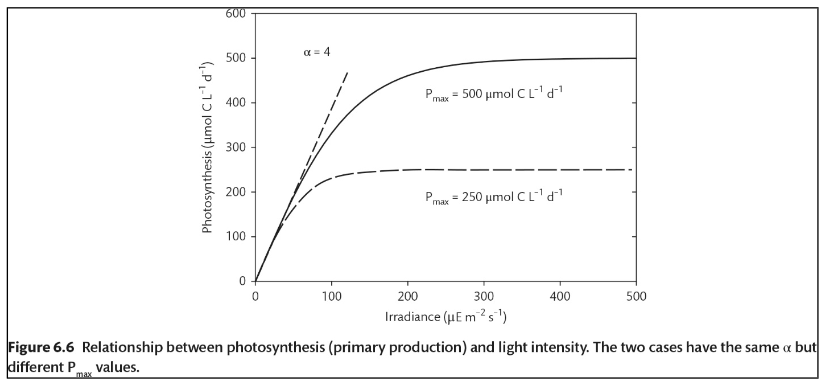 <p>A P. vs. I. curve analysis, as shown in Figure 6.6 below, provides the light-driven rate of photosynthesis (primary production rate), which is indicated by the slope of the line marked by symbol alpha (α). The alpha for both samples is the same, but the maximum value (plateau of each curve) is different for the two samples. Why do the curves plateau?</p>