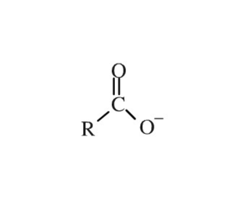<p><span><span>Suffix -ate ion</span></span><br><span><span>Example: CH3COO(-); Usually comes with cation as counterion; Example: Sodium butanoate (CH3CH2CH2COONa)</span></span></p>