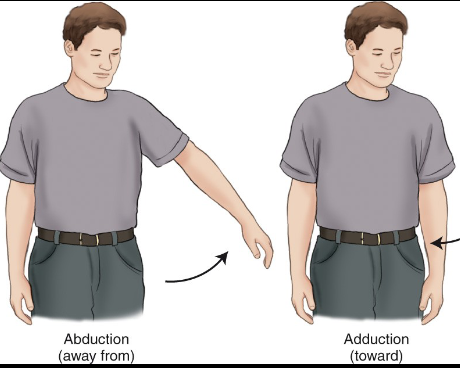 <p>___ refers to moving it away, while ___ refers to moving a body part towards the midline</p>