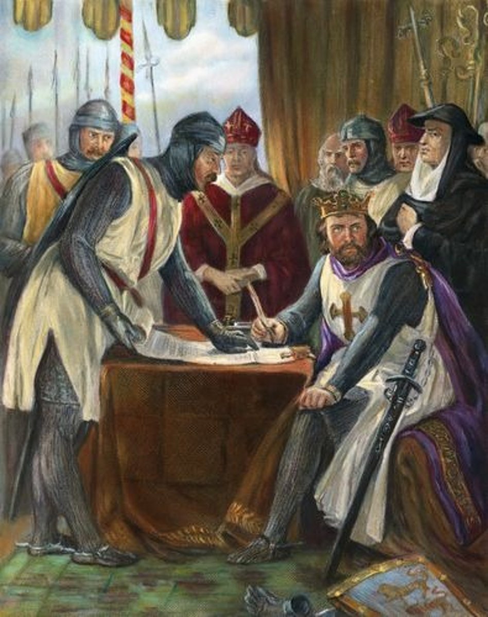 <p>meaning 'Great Charter'; a document signed in 1215 by England's King John and his nobles - it outlined the rights of the people and meant that the king would thereafter be expected to rule according to the law</p>