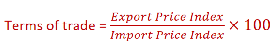 <p>An index number showing favorable or unfavorable movement in prices of exports and imports.&nbsp;<br><br><strong>An index number of greater than 100 is said to be: A favourable or positive terms of trade. </strong>(i.e. we sell our exports at higher price relative to the price we pay for our imports)</p><p><strong>An index number of less than 100 is said to be: An unfavourable terms of trade.</strong> (i.e. we pay a higher price for our imports relative to the price we sell our exports).</p>