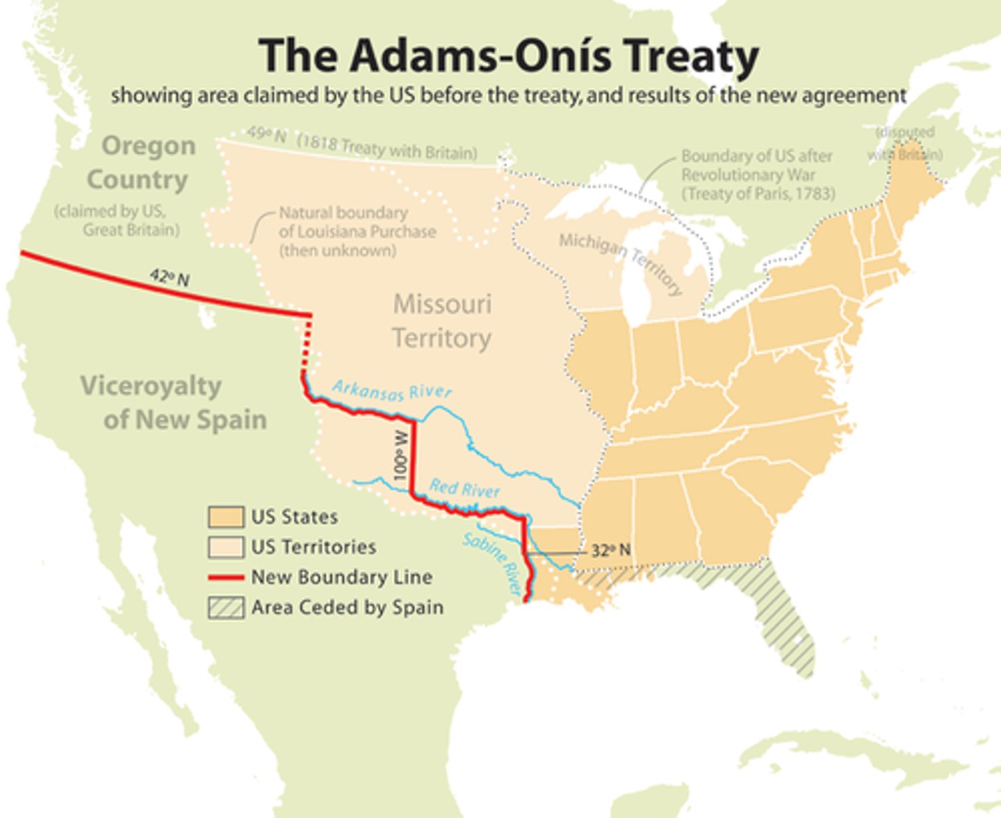 <p>Under the agreement, Spain ceded Florida to the United States, and the two nations agreed on the southwestern boundary of the Louisiana Purchase. Spain retained the territory from Texas to California while abandoning its claims to the Oregon country.</p>