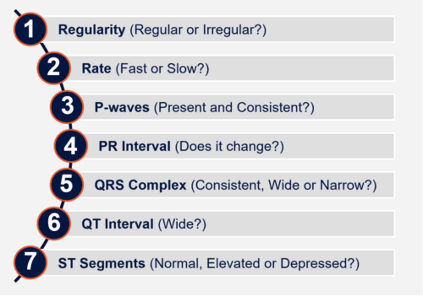 <p>Regularity</p><p>Rate</p><p>P waves</p><p>PR interval</p><p>QRS complex</p><p>QT interval</p><p>ST segments</p>