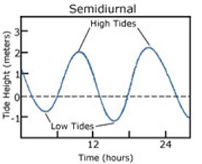 <ul><li><p>2 episodes of equal high water and 2 episodes of low water each day</p></li><li><p>the second high tide rises to the same level it did in the 1st high tide</p></li><li><p>the second low tide also matches with the 1st low tide</p></li><li><p>occurs when the moon is directly over the equator</p></li><li><p>most common type of tidal pattern</p></li></ul>