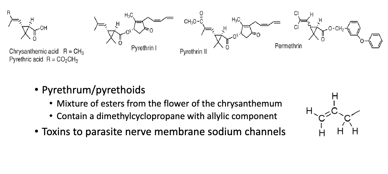 <p>toxins to parasite nerve membrane NA channels</p>