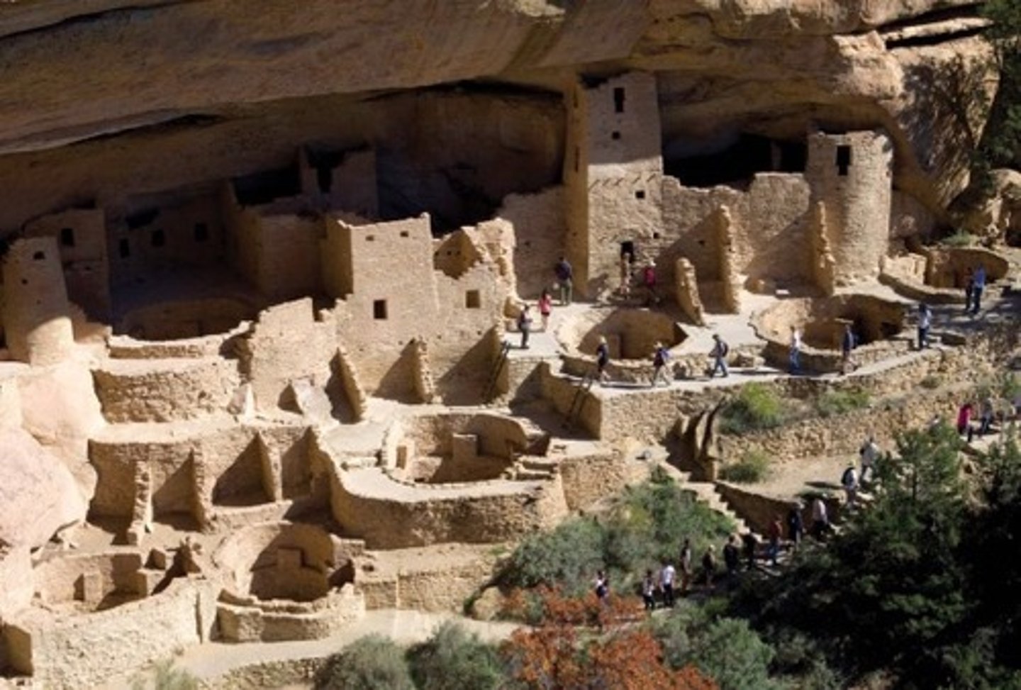 <p>ANASAZI, sandstone<br><br>Built into the cliffside. Also contained wodden beams + ston + mud mortar<br>Housed 250+ people, likely clans who worked together<br>Farming was done above it and supplies were stored on the ledges (cool and dry)<br>ALL FACD a main plaza (dotted with KIVAS, pits to gather)</p>