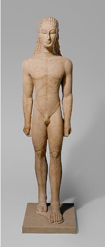 <p>What is the name of this Archaic Greek freestanding statue, how does it reflect Egyptian influence, and what was its purpose?</p>
