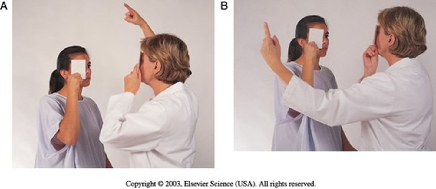 <p>-Confrontation test</p><p>-Peripheral vision of patient is compared to peripheral vision of examiner.</p><p>-Examiner is positioned at eye level with person, about 2 feet away. Person covers one eye with an opaque card, and the other eye looks straight at examiner. Examiner covers own eye, opposite to person.</p><p>-Use a pencil or flicking fingers as a target, move the target in from the periphery to the center of the visual fields.</p>