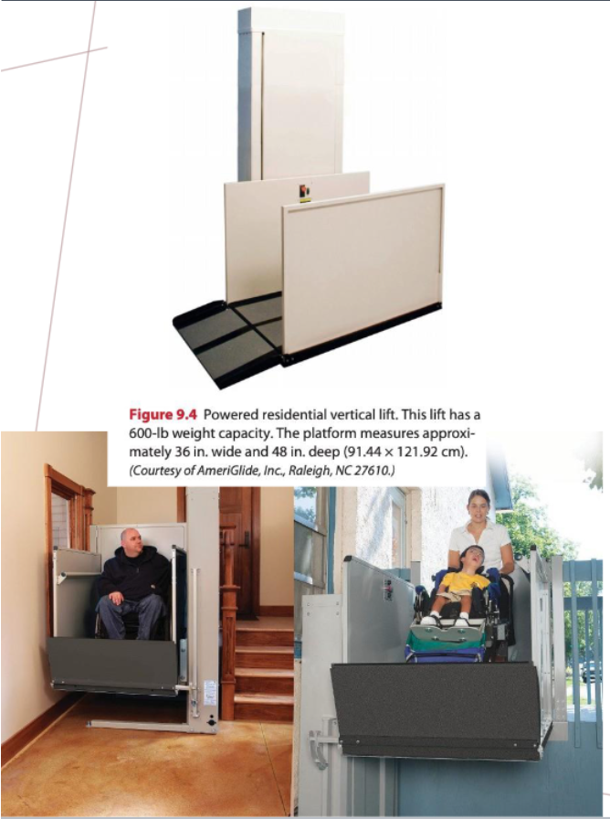 <p><strong>Exterior Accessibility: Route of Entry</strong></p><ul><li><p>Vertical platform lifts and stairway inclined lifts</p><ul><li><p>How many ft up &amp; down?</p></li></ul></li></ul><p></p>