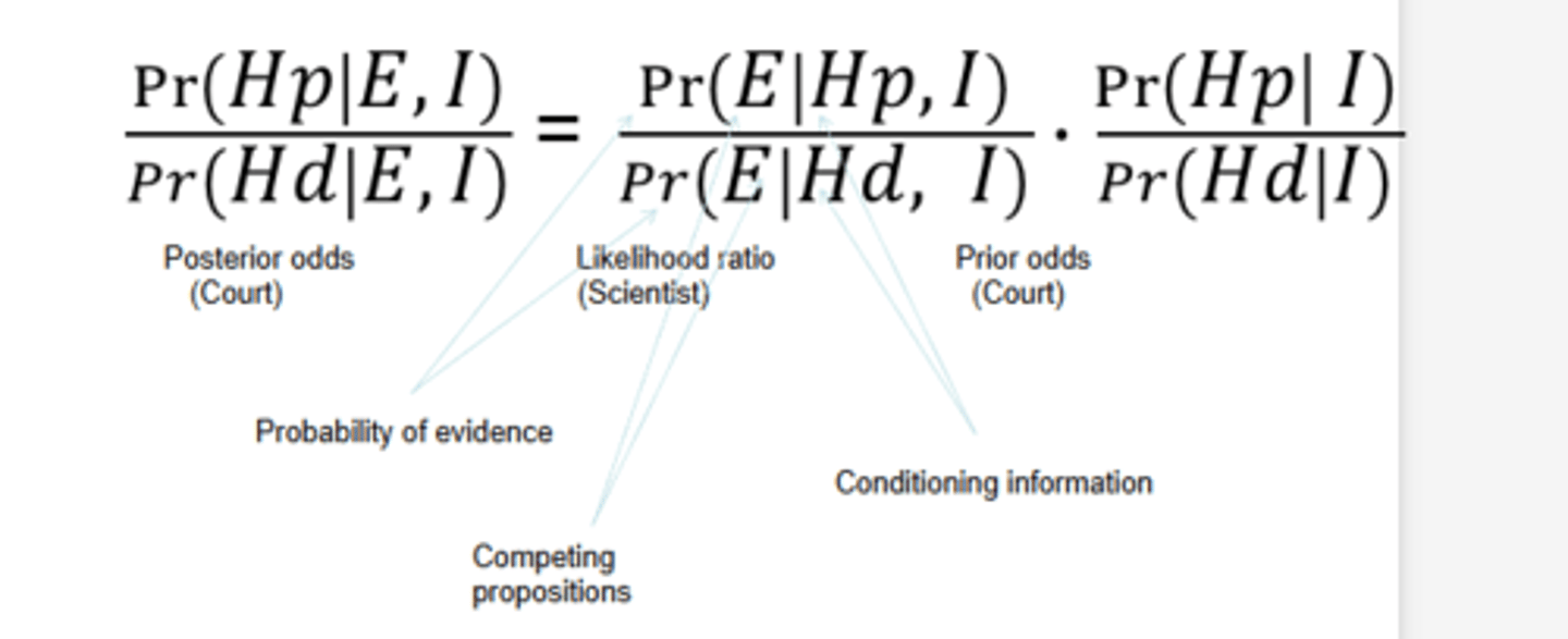 <p>magnitude of the probilities of their findings E if the defence proposition were true ond the prosecution proposition were true.</p><p>Helps scientists weigh evidence.</p>
